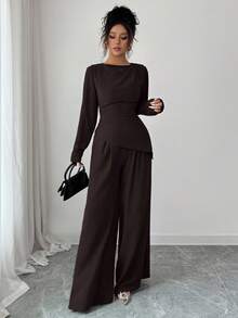 SHEIN Raffinéa 2 件女士纯色卷边不对称下摆长袖套装女士棕色两件套裤子套装长袖两件套女士棕色两件套女士 - 棕色 - 查看 5