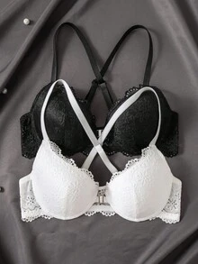 SHEIN 2件套前开扣性感蕾丝拼接女士文胸内衣套装 - 彩色 - 查看 3