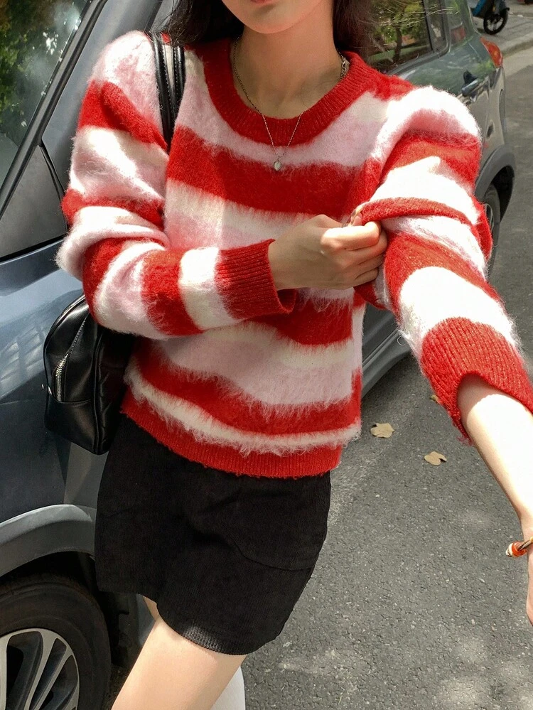 Women's Striped Round Neck Long Sleeve Sweater, Korean Style