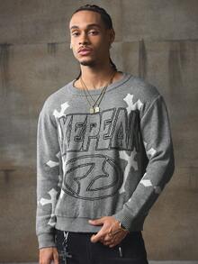 AXEPEAK Men's Casual Crew Neck Long Sleeve Sweater With Letter & Cross Pattern, Autumn, For Fall Winter - Grey - View 3