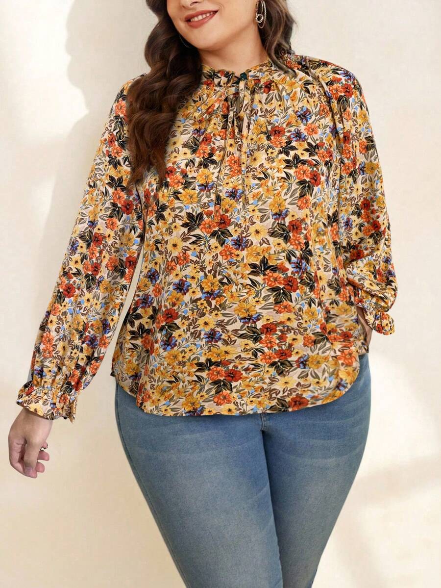 SHEIN Clasi 大码女式全身印花宽松休闲长袖衬衫 - 彩色 - 查看 1