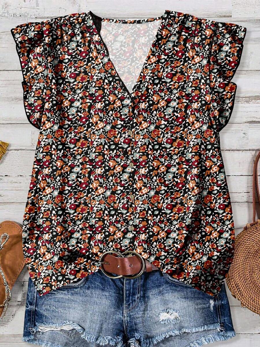 SHEIN LUNE 女式碎花休闲衬衫，适合夏季碎花衬衫荷叶边袖衬衫女式碎花衬衫碎花上衣女式秋季服装别致女式衬衫 - 彩色 - 查看 1