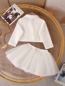 SHEIN Babygirl 优雅白色夹克和薄纱裙套装，秋冬 - 白色 - 查看 2
