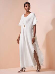 Zivah Vacation Casual Solid Color Fringe Decor Side Slit Knit Dress - White - View 3