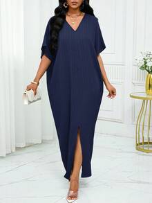 SHEIN Lady 春夏休闲绿色编织亚麻缺口蝙蝠袖中长款束腰连衣裙大码连衣裙度假装女士沙滩装女士海滩度假沙滩裙婚礼宾客礼服女士商务休闲女士舞会礼服 - 藏蓝色 - 查看 4