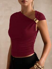 SHEIN BAE Women's Fashionable Elegant Solid Color Oblique Shoulder Short T-Shirt,Red Top