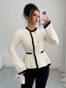 Selianne Women's Elegant Round Neck Front Button Design Contrast Color Sweater Fall Winter Cloth For Women - Black and White - View 7