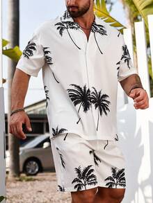 Manfinity RSRT 男士椰子樹印花落肩袖襯衫和短褲套裝 - 白色 - 查看 3