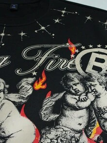 ROMWE MEN Street Life Embroidered Angels Distressed Long Sleeve T-Shirt For Men, Fall - Black - View 5