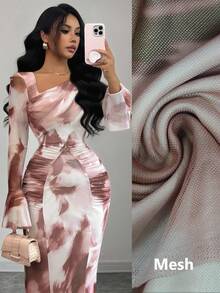 Elenzga 2025年新款秋季女式法式复古扎染印花网眼设计褶皱修身喇叭袖紧身迷你连衣裙 - 彩色 - 查看 3