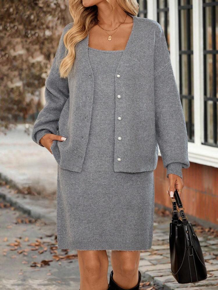 Women's Solid Color Minimalist Long Sleeve Jacket And Sleeveless Dress 2 Pieces Set Fall Clothes For Women Women's Winter Sweater Going Out Outfits Sweater Dress Women's Sweater Sweaters For Women Long Sleeve Sweaters Fall Sweaters Autumn Women's Sweater Gray Sweater Sweater Sets For Women Going Out Outfits
