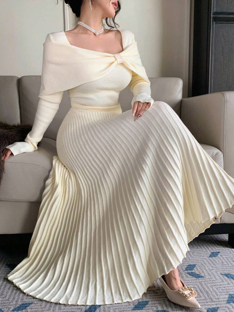 Women's Elegant Solid Color Square Neck Asymmetric Sweater Dress, Autumn