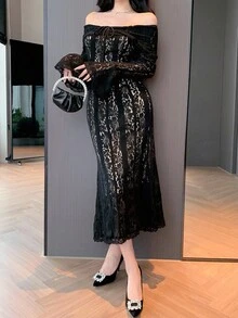 DAZY Elegante abito midi da donna con spalle scoperte, maniche a campana e fondo a sirena, adatto per feste in autunno - nero - Visualizzare 10