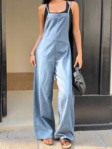 Siren Gaze Women's Casual Loose Long Denim Bib Pants And Jumpsuit, Blue Winter - Light Wash - View 3