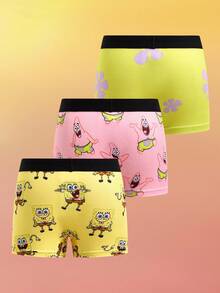 SpongeBob SquarePants | SHEIN 3pcs Young Boy Comfortable Soft Cute Cartoon Print Underwear,Boxer Briefs Fall Winter Cartoon Boxers Boy Boxers