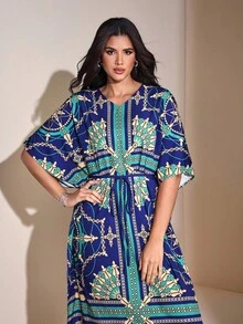 JIAN LASALA All-Over Print Blue Batwing Sleeves Boho Kaftan Maxi Dress Women Casual Vacation Wear Blue Maxi Dress Caftan Dress Print Maxi Dress Women Print Dress Motif Dress Print Dresses For Women Blue Maxi Dress Women Evening Dress Wedding Guest Luxury Stylish Clothing Collection - Multicolor - View 7