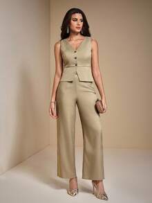 JIAN LASALA Mid-Waist Straight Leg Solid Woven Casual Pants Women Autumn Casual Wear Fall For Women Going Out Party Pants New Year Wedding Guest Luxury Stylish Collection - Yellow - View 6