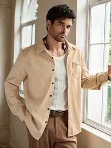 Manfinity VCAY Men's Casual Embroidered Long Sleeve Shirt, Suitable For Everyday Wear, Fall - Khaki - View 4