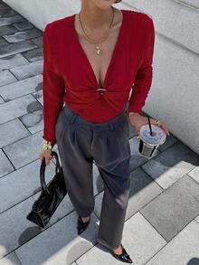 Chiquease Elegant French Style V-Neck Long Sleeve Fitted Red T-Shirt For Women, New Autumn Collection - Red - View 6