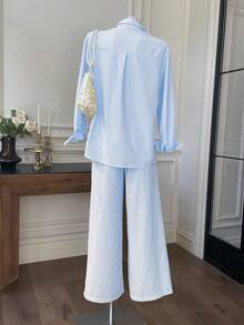 Comfortcana 女士新款条纹刺绣宽松上衣和裤子套装 - 藍色 - 查看 2