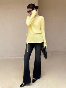 K-Vae 1 pieza Blusa de punto de unicolor, versátil y de manga larga para mujer en otoño/invierno - Amarillo - Ver 6
