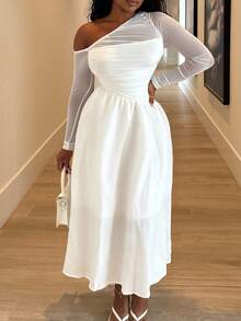 Alexandranx White Asymmetrical Pleated Long Sleeve Dress, Gorgeous And Romantic, Women,Brunch Women Outfit,Sun Dress,Tea Party Dress,White Graduation Dress - White - View 3