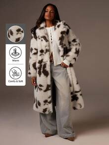 Athîral Women's Snowy White & Mocha Patterned Faux Fur Maxi Coat | Long Plush Fabric, Dramatic Oversized Lapel Collar, Relaxed Straight Cut, Full-Length Sleeves, Abstract Double-Tone Animal Print, Invisible Seam Finish, Luxe Capsule Wardrobe Essential For Winter Office Layering & High-Warmth Style, Cow Print ,Coat Long Faux Fur Coat, Cow Print Coat, Halloween Costume,Winter Jacket For Women - Multicolor - View 1