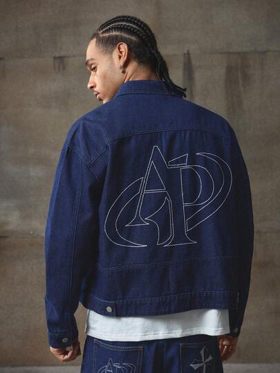 AXEPEAK 男士休闲水洗字母刺绣牛仔夹克，秋季