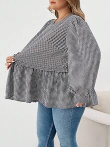 SHEIN CURVE+ Áo sơ mi tay loe cổ tròn kẻ caro đen trắng cỡ lớn thường ngày/Mùa thu/Mùa đông - Đen và trắng - Xem 4