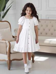SHEIN Tween Girl Sweet Fashion Solid Ruffle Button Square Collar Puff Sleeve Dress, Suitable For Summer Party & Vacation - White - View 4