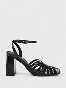 CUCCOO SZL Women's Square Toe Chunky Heel Black PU Leather Slip-On Flats, Fashionable Minimalist Comfortable For Daily Wear And Occasions