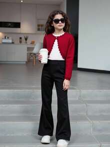 Chaqueta de suéter tipo cárdigan sencilla y a la moda para niñas preadolescentes - Burdeos - Ver 3