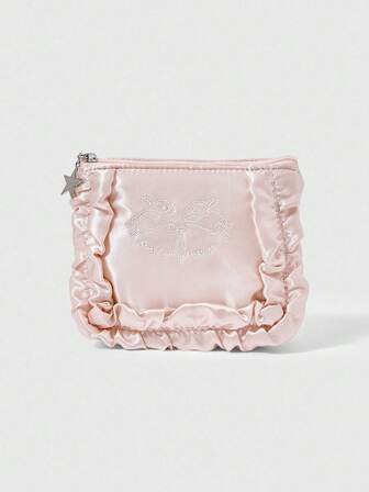 Kawaii 1 Stück Multi-Fach einzigartiges Design bestickter Schleife & Kunstperlen Dekor spitzenbesetzter Reißverschluss rosa Kosmetiktasche, Binden, Münzbeutel, kann Taschentücher aufnehmen - Geschenk für Mutter