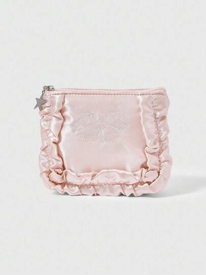 ROMWE Kawaii 1pc Multi-Compartment Unique Design Embroidered Bow & Faux Pearl Decor Lace Edged Zipper Pink Makeup Bag, Sanitary Pad, Coin Purse, Can Hold Tissues - Gift For Mother