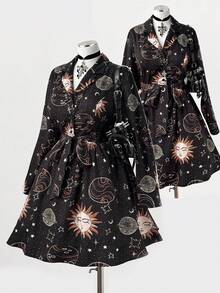 Sweetra 大码女式深色垃圾摇滚太阳脸印花翻领长袖休闲连衣裙 - 彩色 - 查看 9