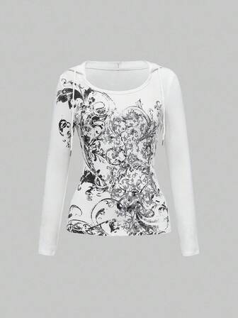 Grunge Punk Maglietta grafica asimmetrica da donna con spalla scoperta, stile vintage Tintura a nodi, punk e street