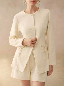 Cévolie 女士新款秋冬法式领结羊毛夹克和高腰阔腿短裤套装