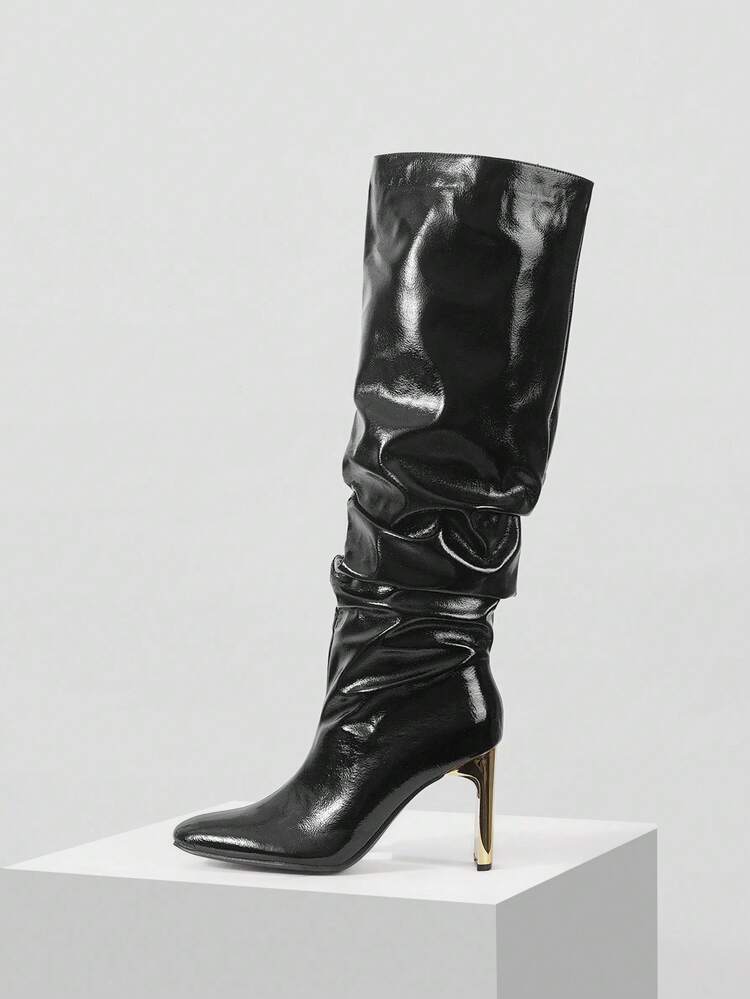 BOTAS ALTAS HASTA LA RODILLA DE TACÓN BAJO CÓMODAS PARA MUJER, NEGRO
