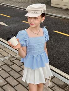 青少年女孩休闲泡泡袖蝴蝶结衬衫 - 藍色 - 查看 4