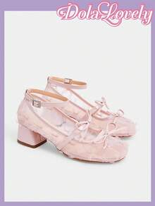 Dola Lovely 女士浅粉色圆头高跟鞋，粗跟女士低帮网眼透气蝴蝶结玛丽珍鞋，时尚百搭夏季鞋履