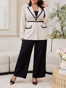 Modelyn Plus Size Women Contrast Color Lapel NeckLong Sleeve Casual Blazer Jacket, Autumn/Winter - Apricot - View 7