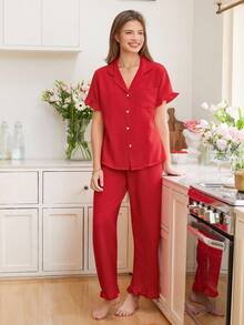 Snug Reverie Women Fashionable And Elegant Solid Ruffle Trim Top & Pants Pajama Set Lounge Set - Red - View 4