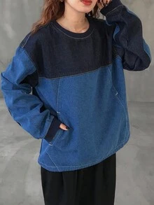 FRIFUL Áo denim dáng rộng cổ tròn tay dài trễ vai màu tương phản dành cho nữ - Màu xanh lam - Xem 2