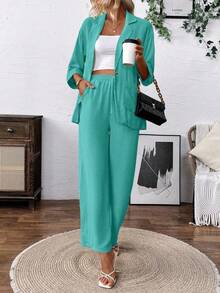 EMERY ROSE Women's Casual Linen-Like Blazer Suit Set - Blue - View 6