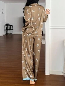 DAZY Satin Bow Print & Lace Patchwork Loose Women Pajama Set, Fall Clothes - Brown - View 2