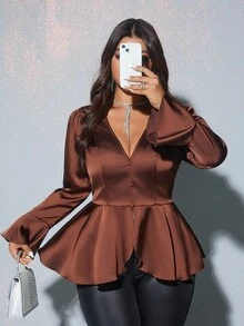 Viva Relle 大码女式纯色V领喇叭袖纽扣设计荷叶边下摆优雅衬衫 - 棕色 - 查看 4