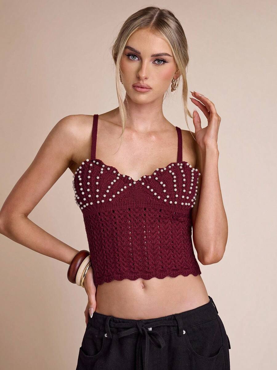 SHEIN BAE Women's Faux Pearl Strap Hollow Design Cropped Knit Top - Burgundy - View 1
