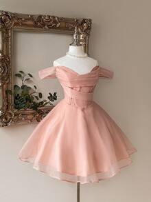 Lovelzi Thanh lịch, lãng mạn, ngọt ngào, duyên dáng, váy hở vai bằng vải organza màu hồng nhạt, có thể điều chỉnh được, thắt eo, thích hợp cho tiệc vũ hội, những dịp bán trang trọng, sinh nhật, khách dự tiệc cưới, tốt nghiệp - Màu Hồng  San hô - Xem 3