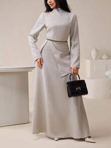 Veilorie Bộ 2 món áo sơ mi xẻ tà màu trơn thanh lịch dành cho nữ đi làm và chân váy dài - Màu Xám nhạt - Xem 7