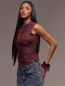 MUSERA 蛇纹印花网纱无袖高领上衣，酷女孩秋季外出性感服装，女士服装，优雅假日派对春夏装扮 - 彩色 - 查看 5